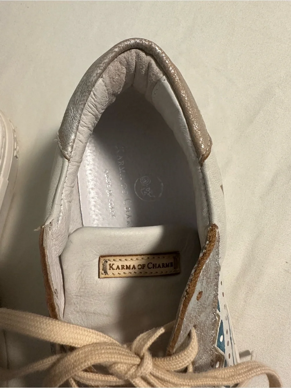 Karma of Charme Italian Leather Sneakers White Silver Blue Geometric Shoes EU 38